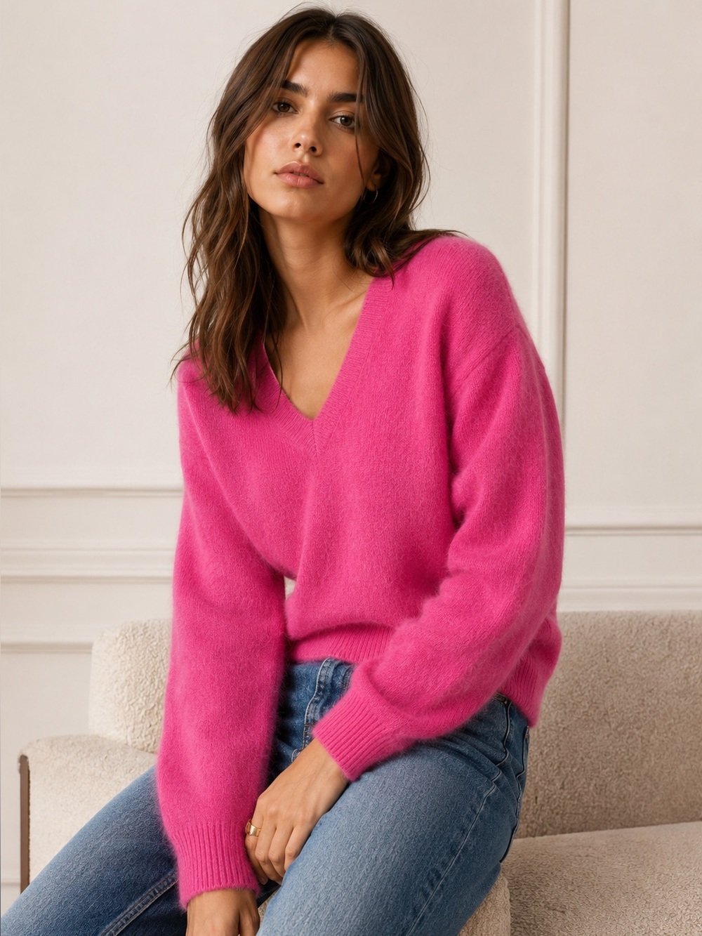 Sandro Paris Angora Cropped V-Neck Sweater Pink Size 1 Small